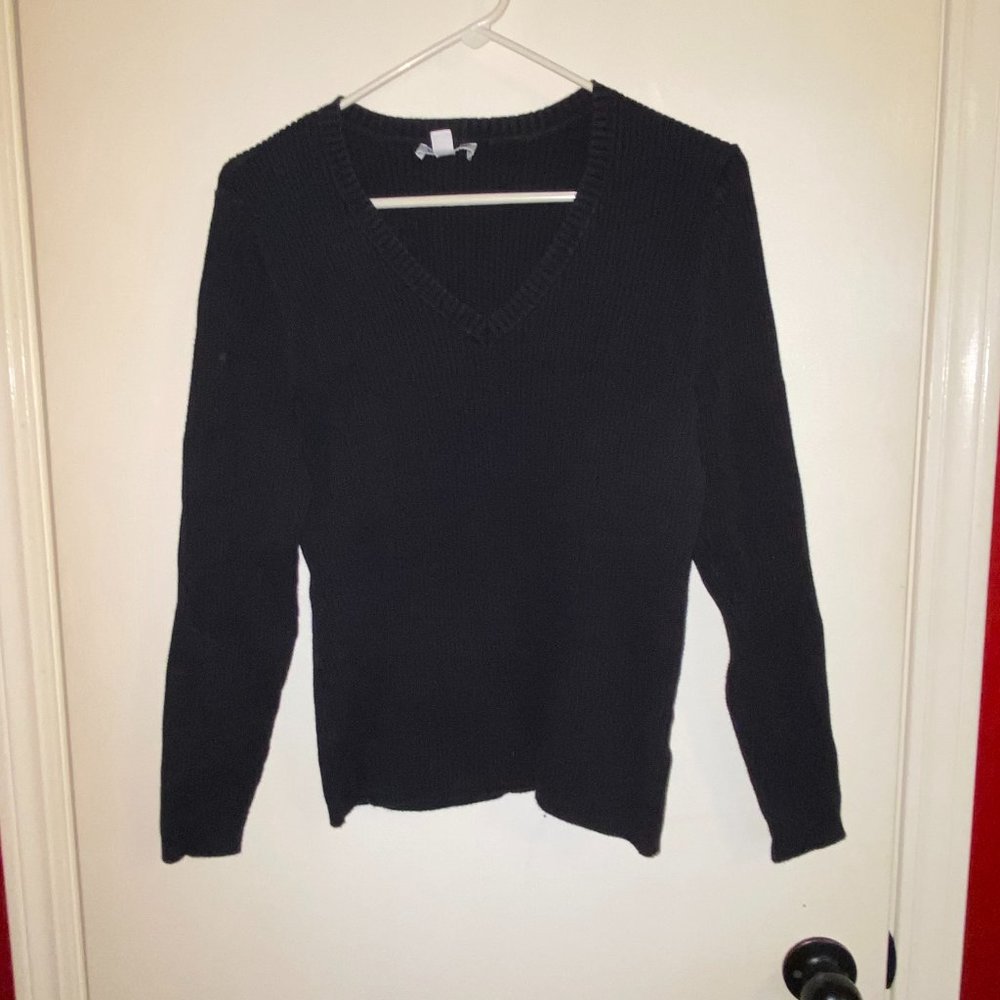 Black V-Neck Long Sleeve Ribbed Sweater
